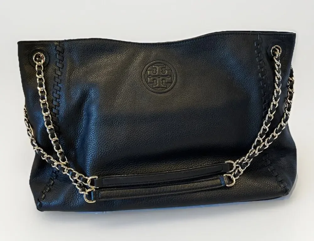 LN- Tory Burch Marion Large Pebble Leather Shoulder Bag Chain Straps - Black
